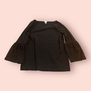 J.CREW Blouse Top Womens Medium Black Stretch Classic Long Bell Sleeve Boat Neck